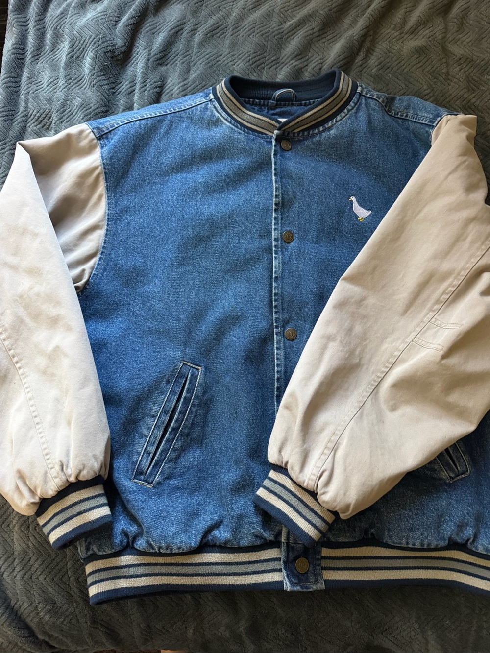 Gear For Sports Denim Varsity Bomber Jacket Men’s XL Goose Logo